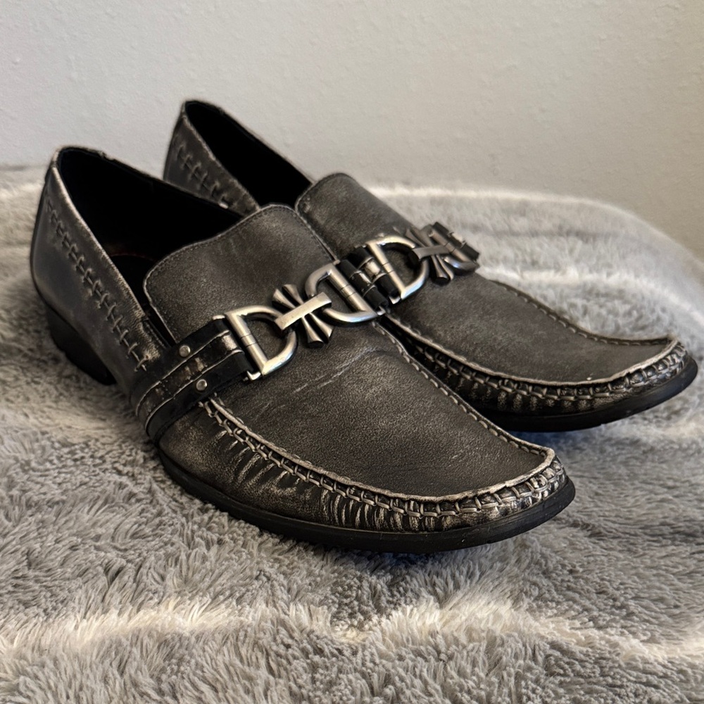 Robert Wayne Men's Dark Gray Leather Slip-On Loafers with Silver Bit